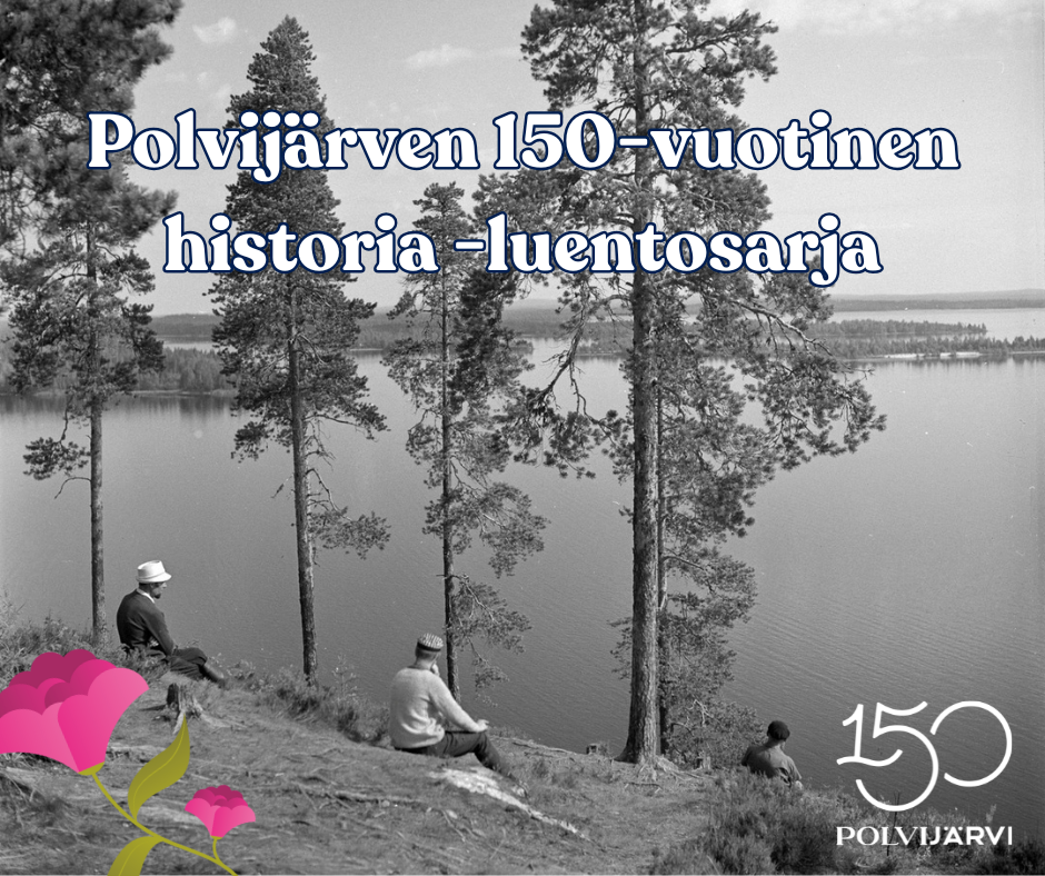 Vanha valokuva, jossa kolme miestä istuvat kalliolla katselemassa järvimaisemaa.