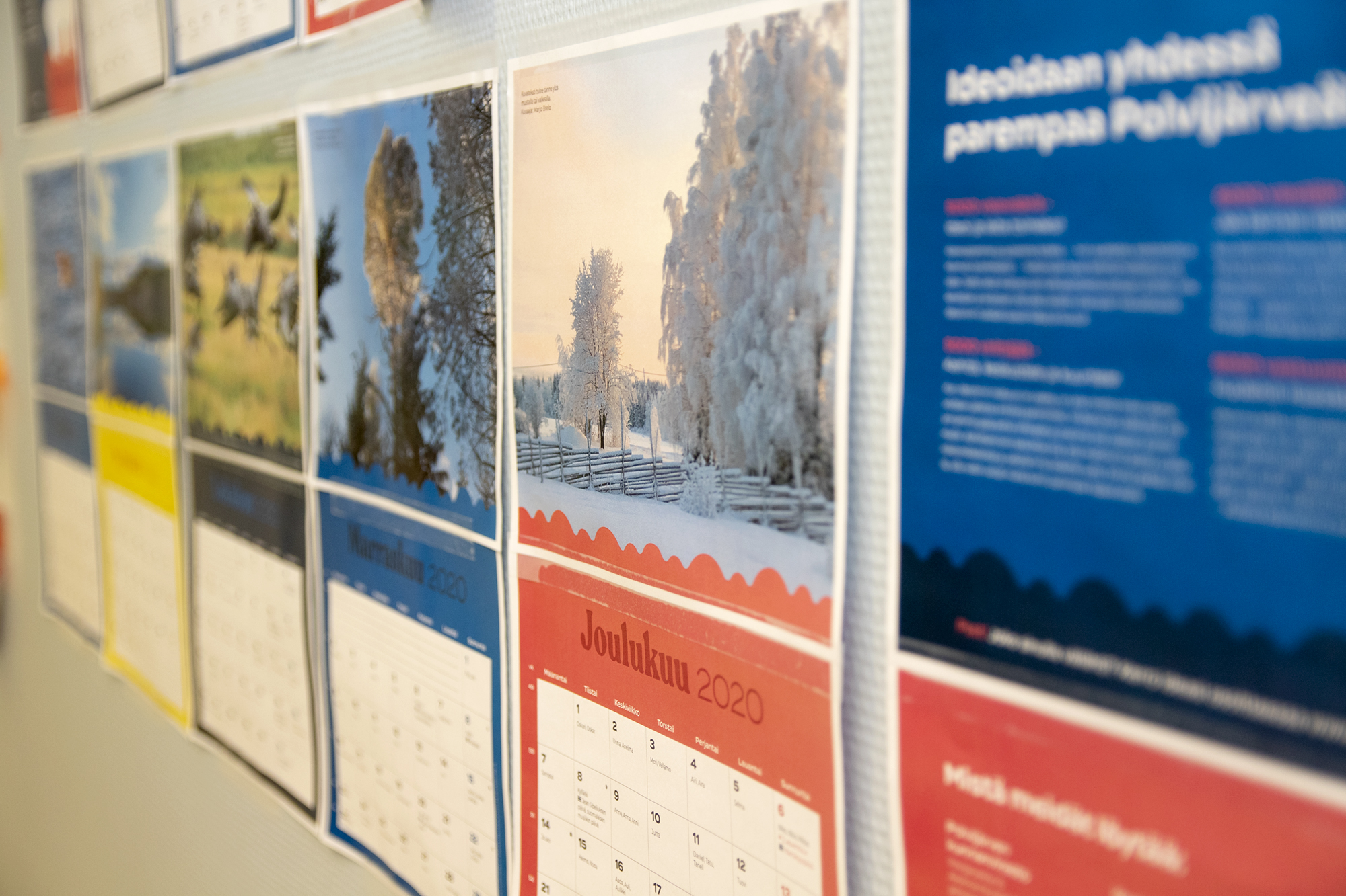Kuva Polvijärvi-kalenterin 2020 vedoksista, jotka roikkuvat seinällä.